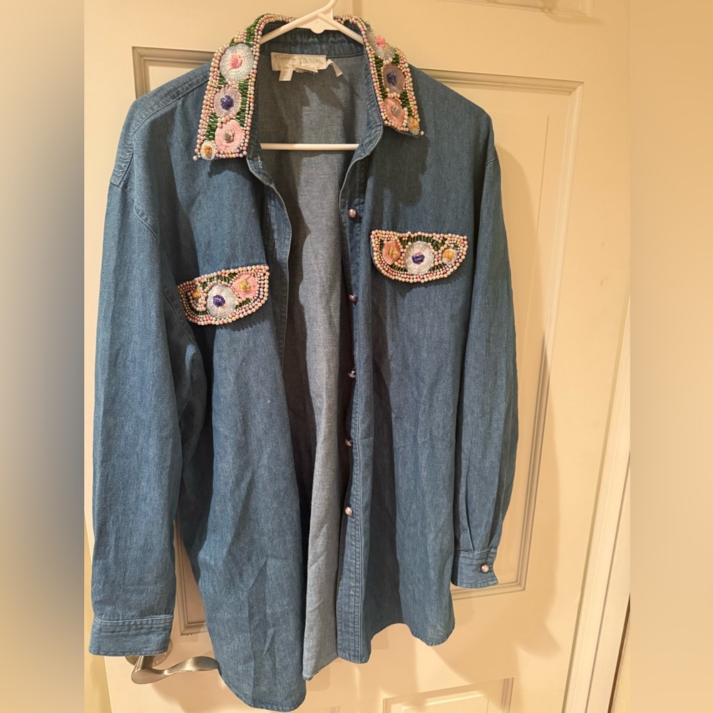 Vintage Christine Phillipe Women’s Embellished Beaded Cotton Denim Shirt Medium